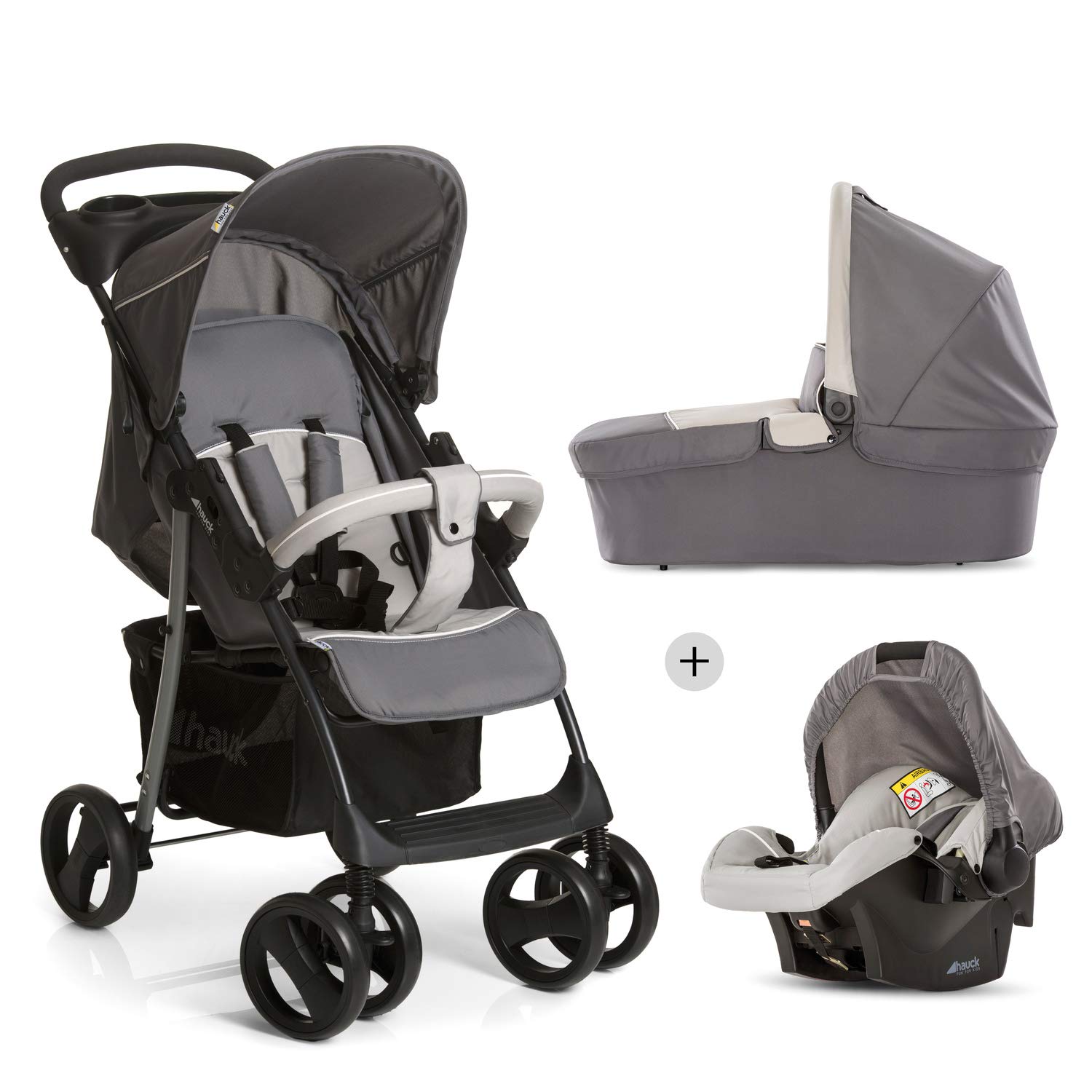 Hauck Shopper SLX Trio Set 3 in 1 Kinderwagen bis 25 kg + Babyschale + Babywanne mit Matratze ab Geburt, Buggy mit Liegefunktion, Getränkehalter, leicht, klein faltbar, stone grey (grau)