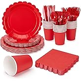 168 Pcs Red Paper Plates and Napkins, Red Party Supplies Include Scalloped Plate Napkins Cups Forks Knives Disposable Plastic Cutlery for Wedding, Baby Shower Birthday Party