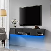 FITUEYES Black Floating TV Stand with LED Light, Wall Mounted Entertainment Center with Open Storage, Media Console Under TV for Living Room
