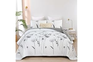Dinjoy Floral Quilt Set Queen Size,Grey White Bedspread Coverlet Botanical 3 Pieces Fall Quilts Microfiber Lightweight Flower Bedspreads Soft Reversible Farmhouse Bed Cover for All Season(96"x90")