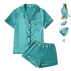 4Pcs Womens Satin Silky Pajama Sets Short Sleeve