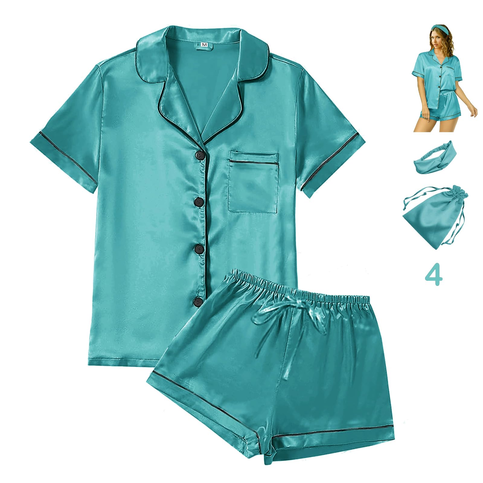 4Pcs Womens Satin Silky Pajama Sets Short Sleeve