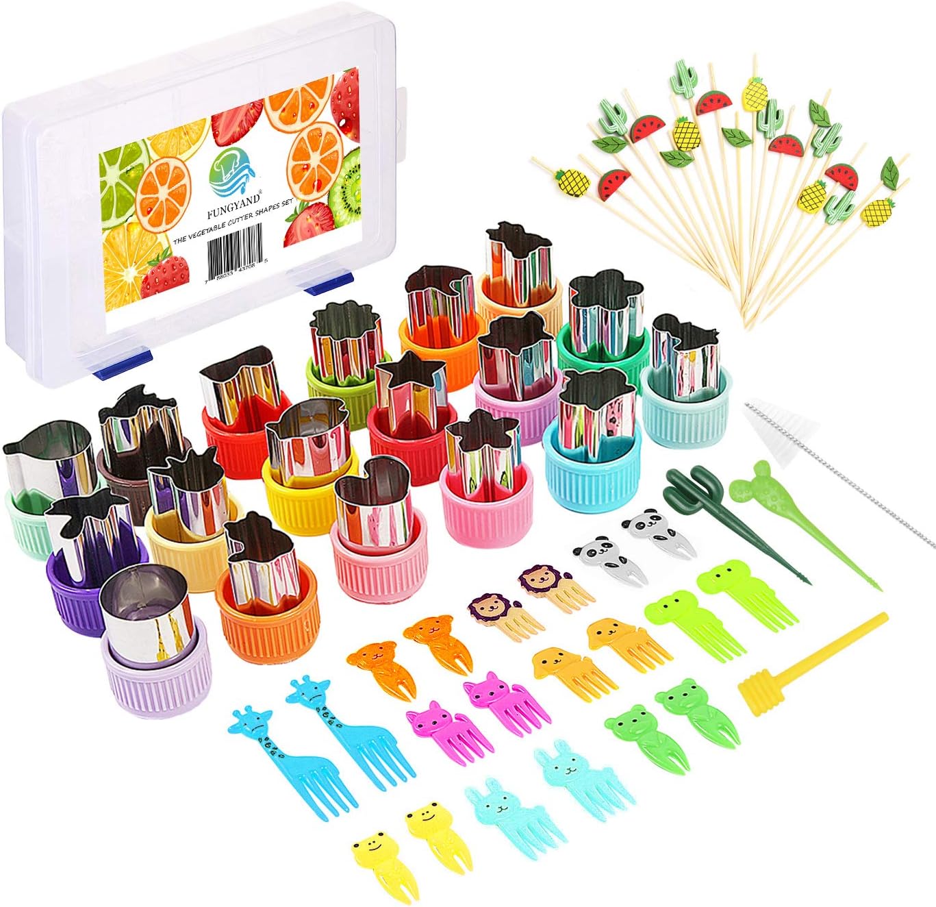 Mini Cookie Cutters Set - Including 18 pcs Mini Fruit Cookie Stamps Mold, 20pcs Cartoon Animals Food Picks, 20pcs Bamboo Fruit Sticks,1pc Cleaning Brush with Storage Box - Bento Box Accessories Kit