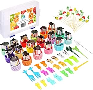 Mini Cookie Cutters Set, Including 18 pcs Mini Fruit Cookie Stamps Mold, 20pcs Cartoon Animals Food Picks, 20pcs Bamboo Fruit Sticks, 1pc Cleaning Brush with Storage Box, Bento Box Accessories Kit