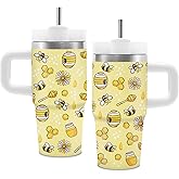 Bee Gifts for Girls Women, Cute Bee Tumbler with Handle and Straw for Kids 14oz, Honeycombs Stainless Steel Insulated Yellow Bees Mug, Honey Bees Themed Gifts for Boys Girls on Birthday