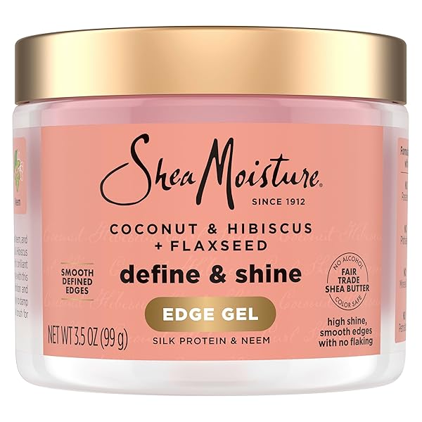 SHEA MOISTURE DEFINE & SHINE EDGE GEL + FLAXSEED COCONUT & HIBISCUS HOLDS AND CONTROLS EDGES ALL DAY INFUSED WITH GLYCERIN, COCONUT OIL AND AN INVIGORATING SWEET SCENT PARABEN-FREE HAIR 3.5 OZ