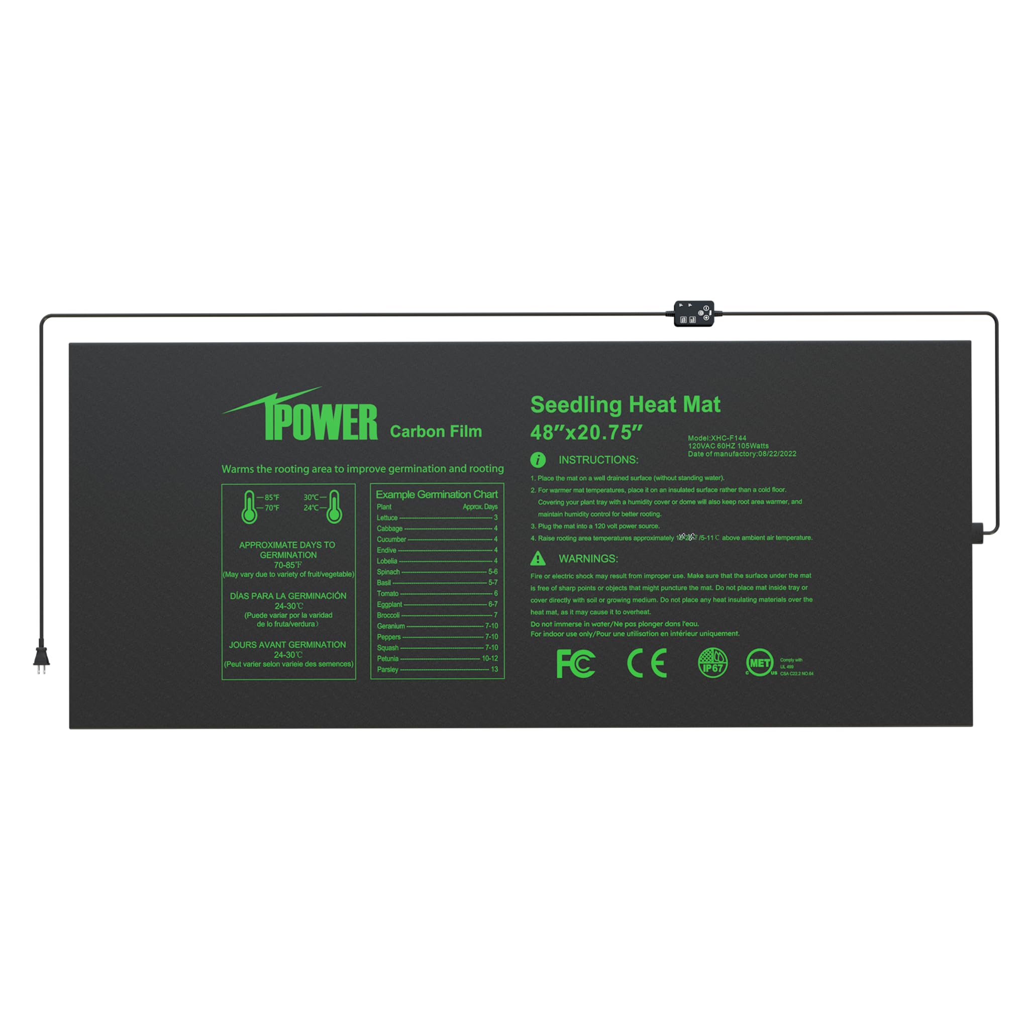 iPower 48"x20.75" Seedling Heat Mat with Built-in Temperature Controller, MET Certified Waterproof Plant Heating Pad, for Germination, Breeding, Brewing Image