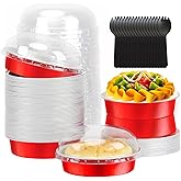LNYZQUS 8oz Mini Cake Pans 4” Pie Tins with Lids 50 Pack, Disposable Aluminum Foil Baking Pans Dishes,Small Creme Brulee Tart Ramekins Individual Mini Pie Contaniers for Christmas-Red
