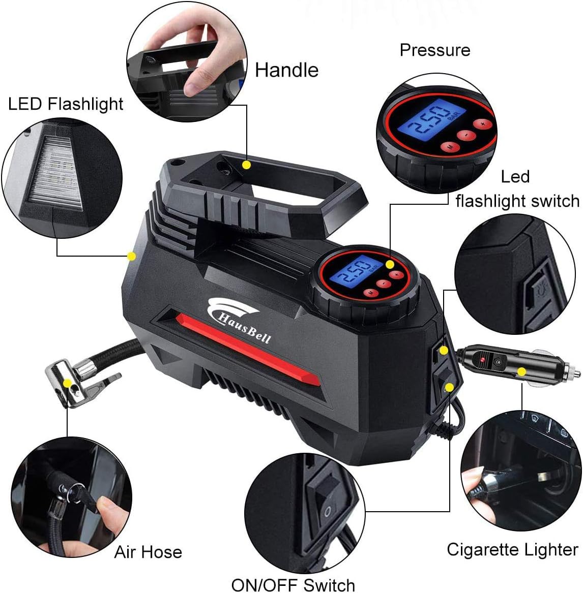 HAUSBELL Portable air Compressor for Car Tires, 12V DC Air Compressor tire inflator Pump, 150 PSI with Emergency LED Flashlight for Car, Motorcycles, Bicycles,Inflatables (Black): Automotive