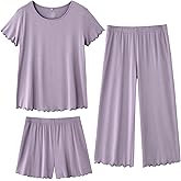 WiWi 3 PCS Pajamas for Women Set Short Sleeve Pajama Sets Capri and Shorts Pj Sets Super Soft Cooling Sleepwear S-XXL