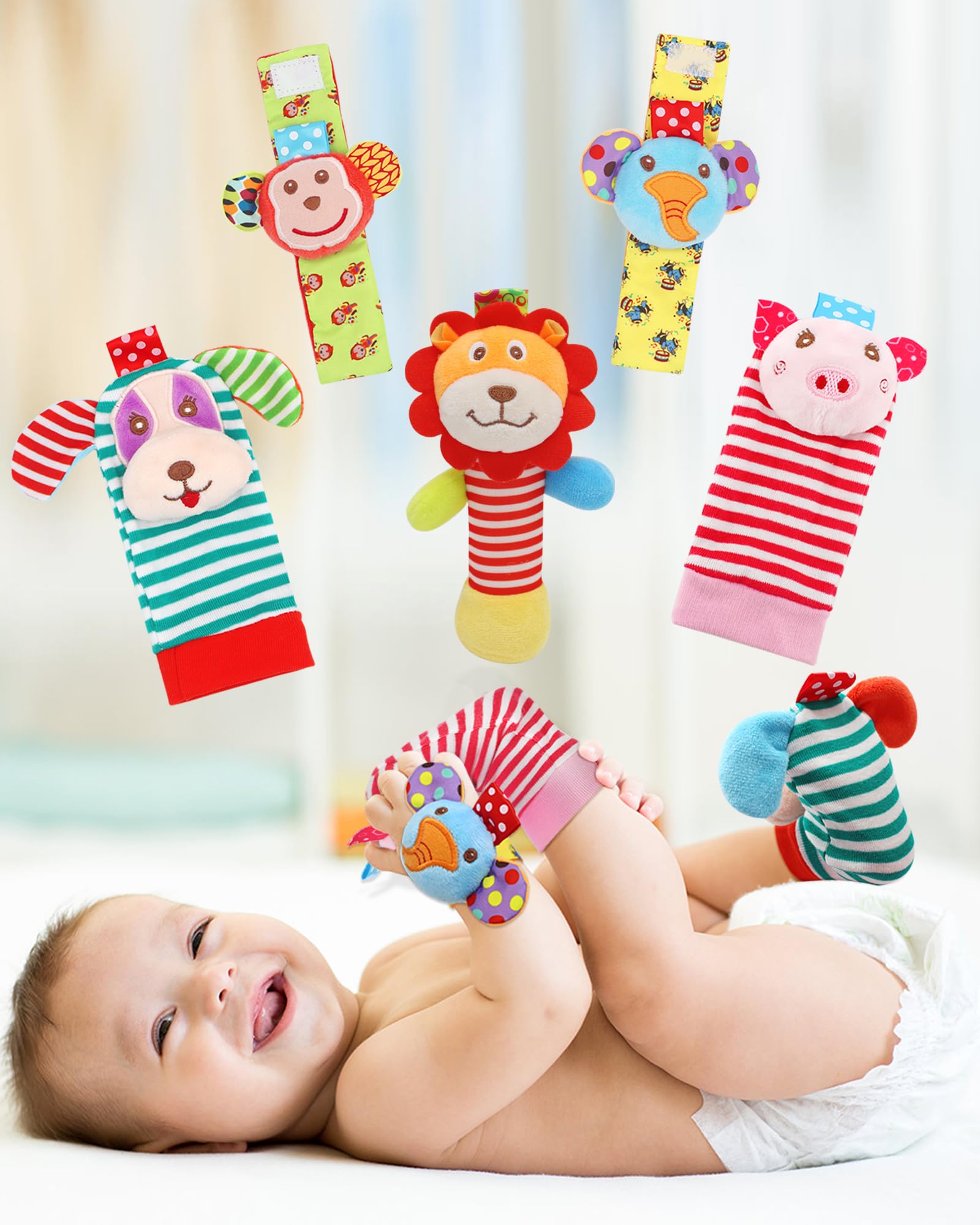 Soft Baby Toy, Wrist Rattle & Foot Finder Socks, Handheld Rattles and Rattle Socks, Foot Rattle Leg Rattle Ankel Rattle, Newborn Baby Rattle Toys for Infant Boy or Girl (5 PCS-A)