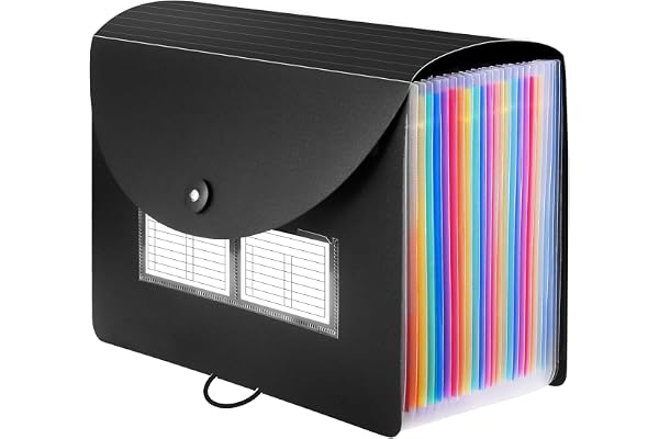 Sooez 24 Pockets Expanding File Folder with Blank Labels, According File Organizer with Expandable Cover, Desktop Accordion F