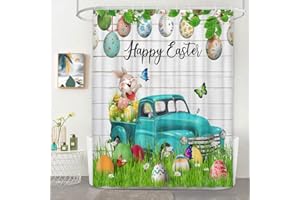 Lacoiime Easter Shower Curtain, Easter Bunny Shower Curtain Set, Funny Rabbit Easter Eggs Cartoon Truck Bathroom Decor for Kids, Farmhouse Waterproof Fabric Bathroom Accessories, 12 Hooks, 72x72IN