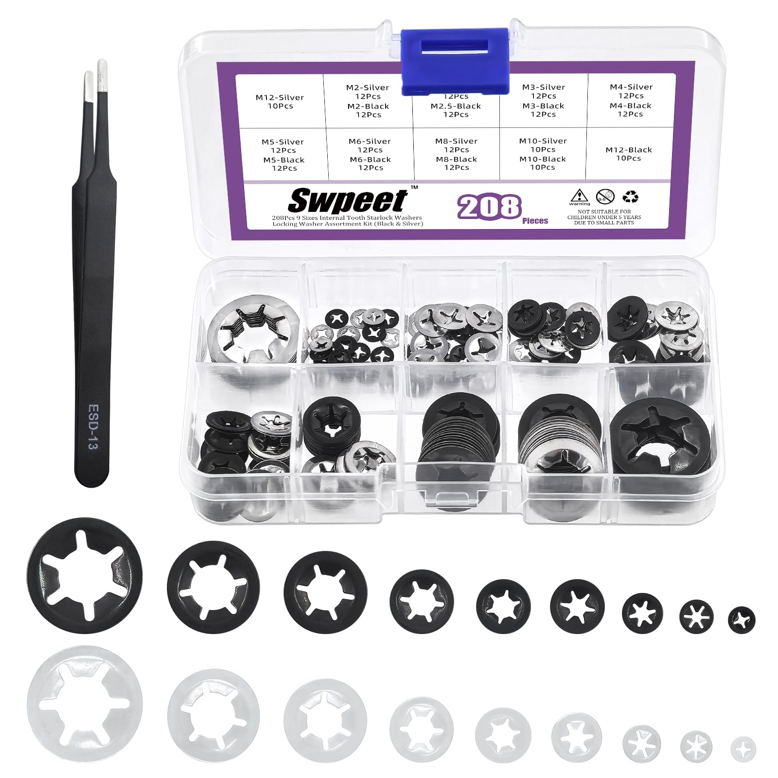 Swpeet 208Pcs 9 Sizes 304 Stainless Steel + Manganese Steel Internal Tooth Lock Washers with Tweezers Kit, M2 M2.5 M3 M4 M5 M6 M8 M10 M12 Spring Push On Locking Nuts Speed Clips Retaining Clips