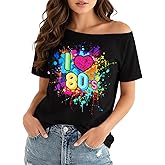 80s Outfit for Women 80's Theme Party Shirt Sexy Off The Shoulder 90S Tshirts Vintage 90s Disco Off Shoulder Tops