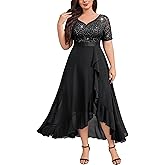Knitee Women's Plus Size Sequin Lace Sweetheart Neck Ruffled Hemline Formal Evening Maxi Dresses