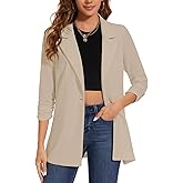 LADI TREND Women's Long Blazer Jackets Button Front Lapel Ruched 3/4 Sleeve Business Casual Office Work Lightweight Blazers