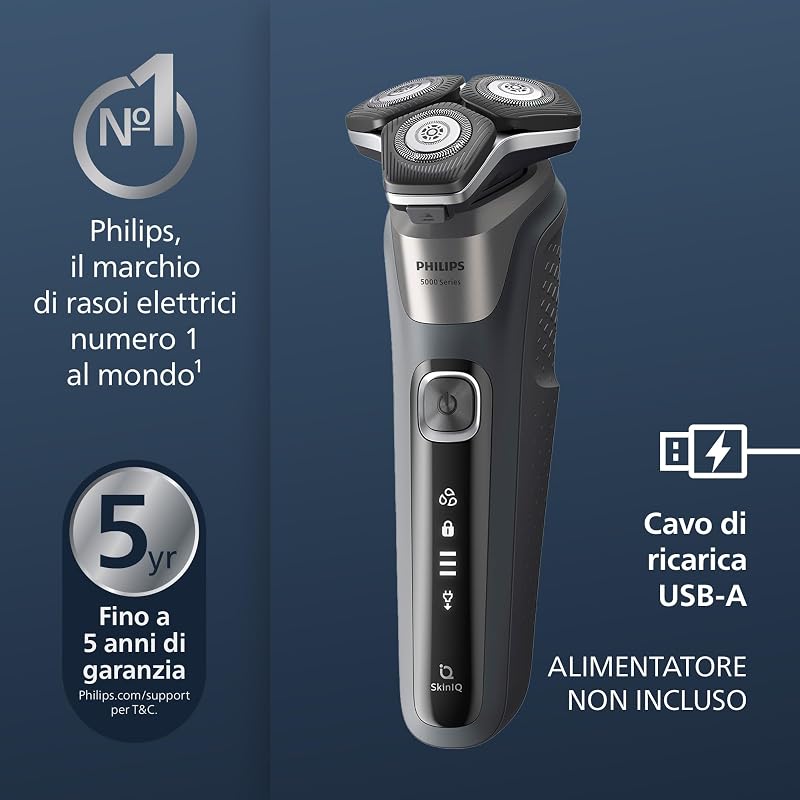 Rasoio elettrico Philips S5000 - Rasoio elettrico Wet & Dry in grigio carbonio con 1 rifinitore a scomparsa, astuccio morbido, cappuccio di protezione e supporto di ricarica (modello S5887/13) — foto 4 di 8