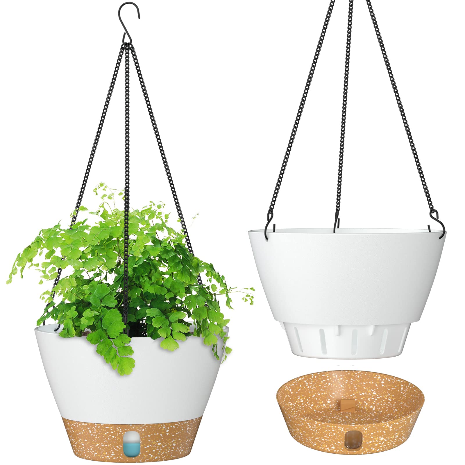 ZMTECH 25cm Hanging Plant Pots 10 Inches Hanging Planters with Saucer Drainage Holes Visible Water Level Hanging Pots for Indoor Outdoor Plants (Set of 2, White)