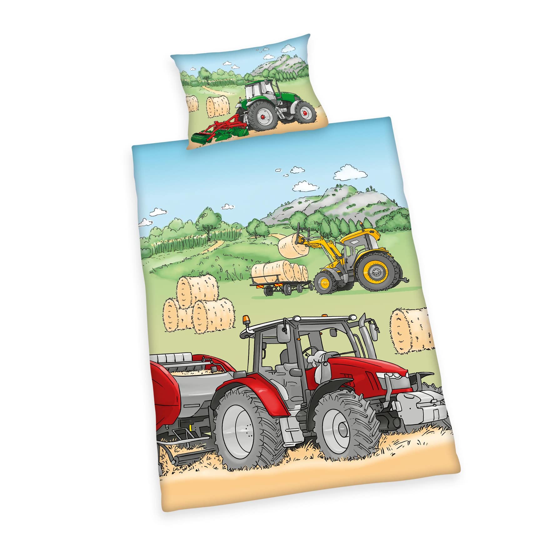 Herding tractor bedding set, made in green by Öko TEX, pillowcase approx. 40 x 60 cm, duvet cover approx. 100 x 135 cm, with smooth brand zipper, 100% cotton/reinforced
