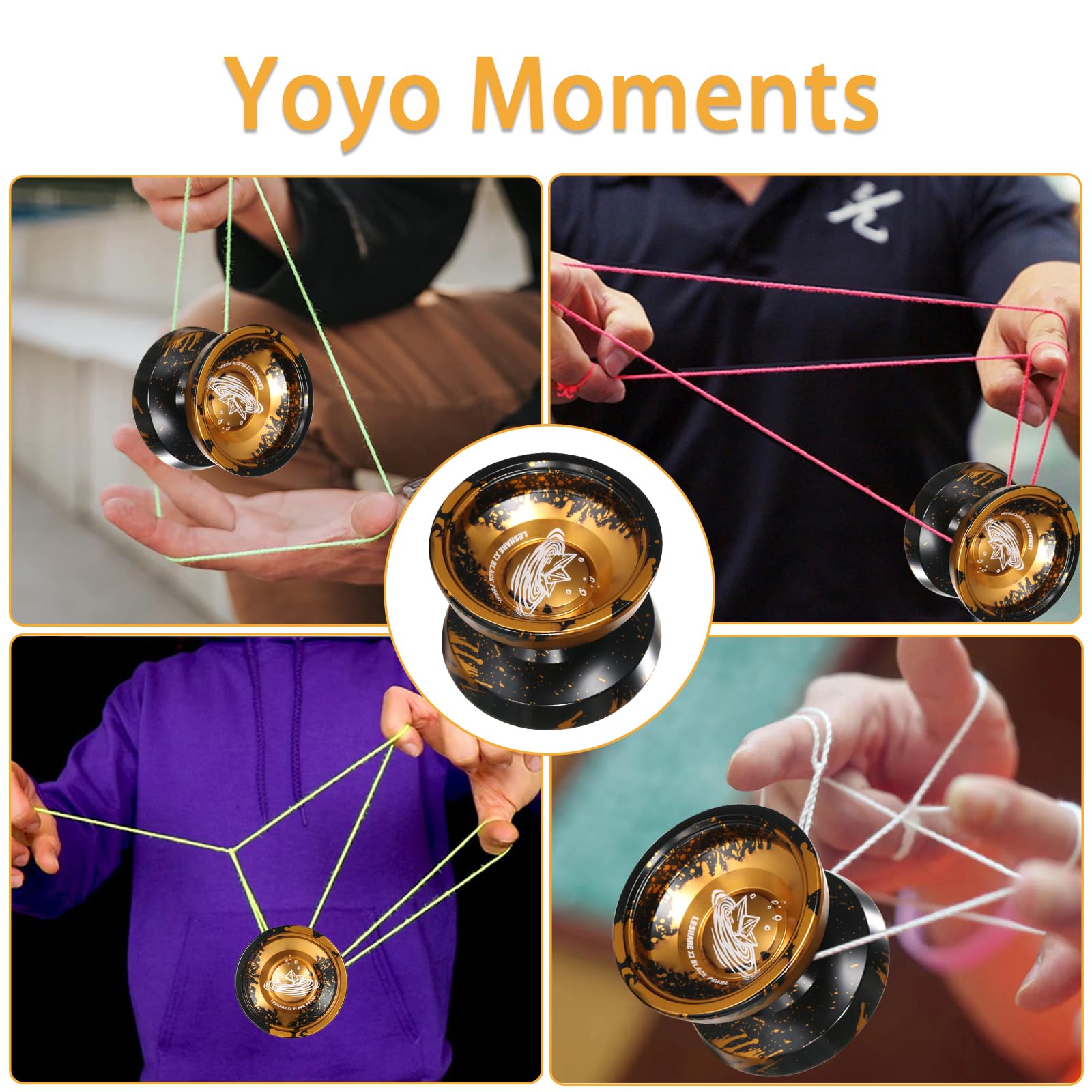 LESHARE X2 Dual-Mode Yoyo for Advanced Players & Kids Beginners - Convertible Unresponsive/Responsive Bearings, Gloves, 5 Strings-Black Gold