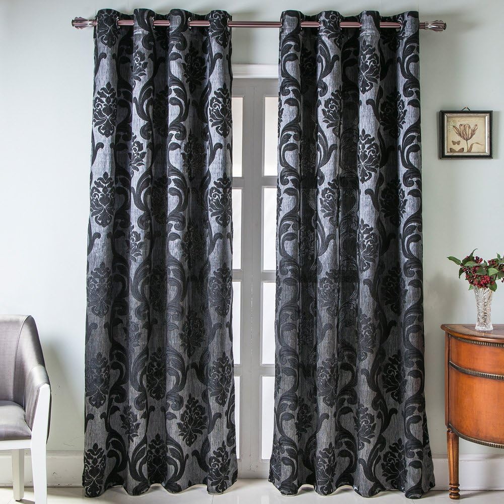 NAPEARL European Style Jacquard Semi-Blackout Grommet Top Window Curtain Panel Set of 2 Panels (Black, 46 * 54)