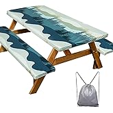 Picnic Table Cover with Bench Covers Camping Essentials Waterproof Windproof Camping Tablecloth with Drawstring Bag, Fitted Rectangle Tables and Seats, 72in, Green Blue