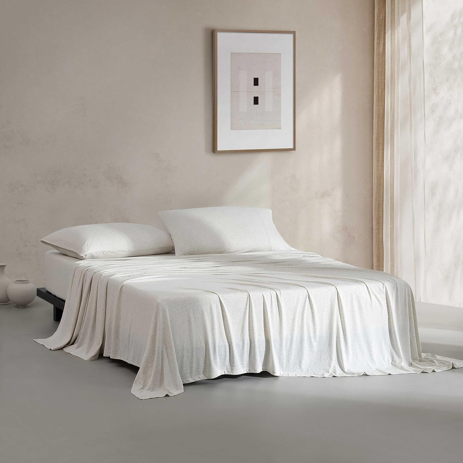 Calvin Klein – Queen Size Sheets Set, Naturally Soft Cotton-Blend Melange Jersey Bedding – Bed Sheets with Matching Pillowcases & Fitted Sheet (Modern Cotton Ivory/Grey)