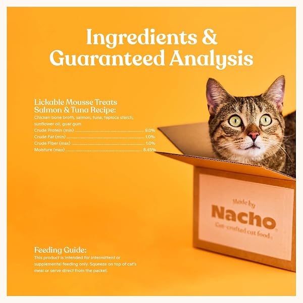 MADE BY NACHO LICKABLE CAT TREATS MOUSSE TUBES 12 COUNT WITH BONE BROTH SALMON & TUNA RECIPE (.5 OZ) NO GRAINS, CORN, WHEAT OR SOY