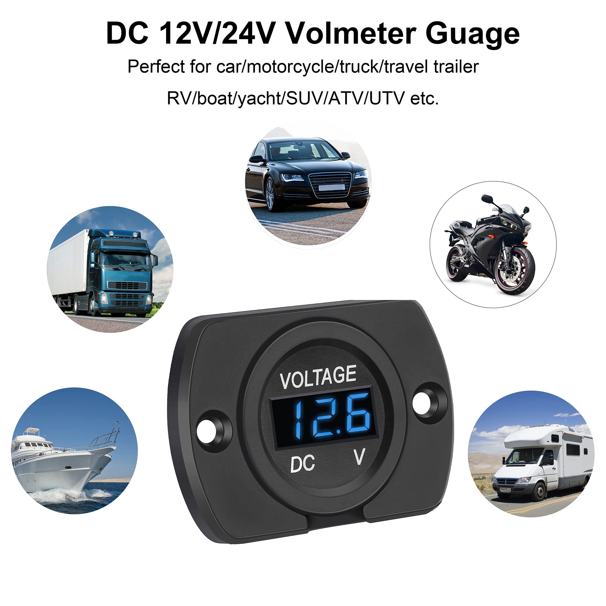 CrocSee 2 Pack DC 12V 24V Waterproof Car Voltmeter LED Digital Display Panel, Round Voltage Gauge with Terminals for Car/Motorcycle/Travel Trailer/Truck/Boat/ATV/UTV (Blue LED Display)