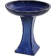 Sunnydaze Ceramic Bird Bath for Outside - 16" H - UV- and Frost-Resistant - Pedestal Bird Bath - Blue Glazed Bowl - Blue Glaze Finish