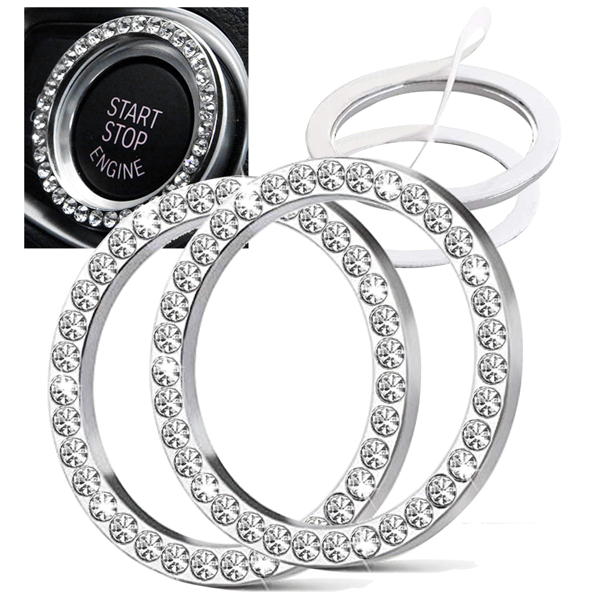 Photo 1 of Orrdice 2 Pcs Crystal Rhinestone Ring for Car Décor, Bling Décor Car Emblem Sticker, Push to Start Button, Key Ignition Starter, AC Control Knobs, Volume and Tune Knobs, Gift for Her (Silver)