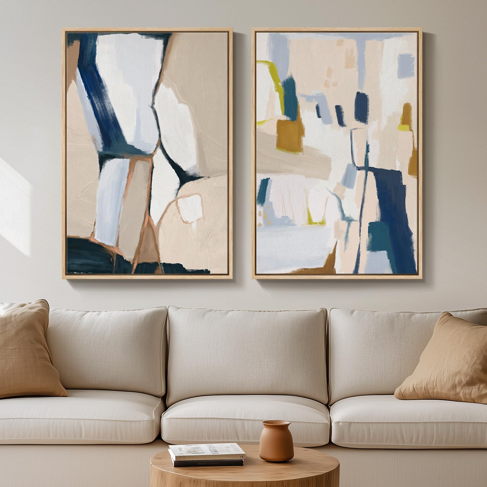 Photo 1 of Large Framed Neutral Abstract Wall Art for Living Room, Set of 2 Bright Modern Canvas Prints Paintings Artwork for Walls, Colorful Abstract Pictures for Hallway Stair Bedroom Office Wall Decor 24x36 In