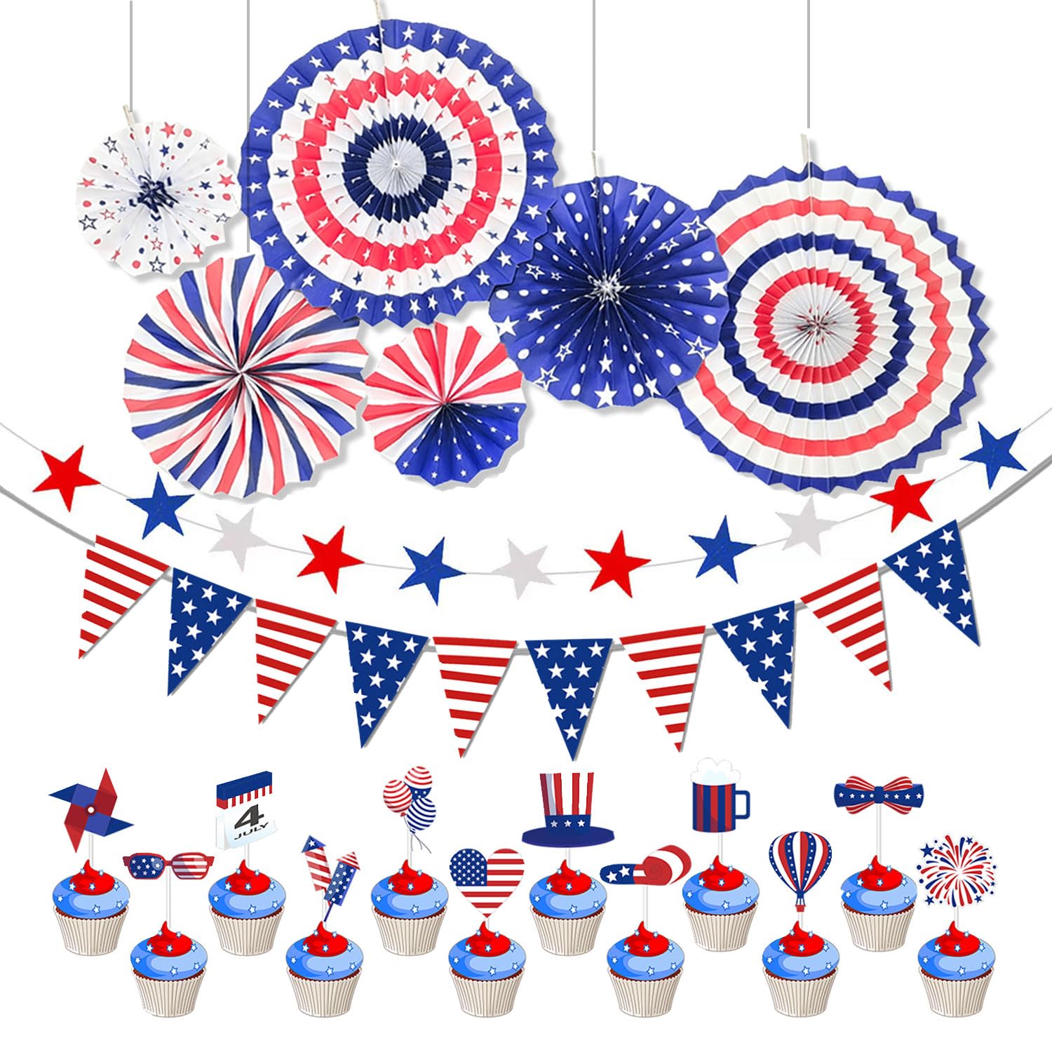 American 4th July Party Decorations, Red Blue and White American Independence day Party Decoration USA Cake Topper American Flag Bunting for D Day Festival Supplies