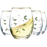 Gusto Buono Holiday Stemless Wine Glasses Set of 4, 23 oz Borosilicate Stemless Tumblers with Red and Green Holly Leaf Design and Gold Rim, Italian Handmade Festive Artistry