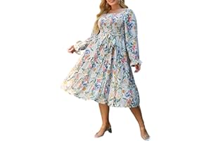 Amegoya Women's Boho Flowy Long Sleeve Square Neck Floral Midi Dress Smocked Spring Fall Wedding Guest Dresses