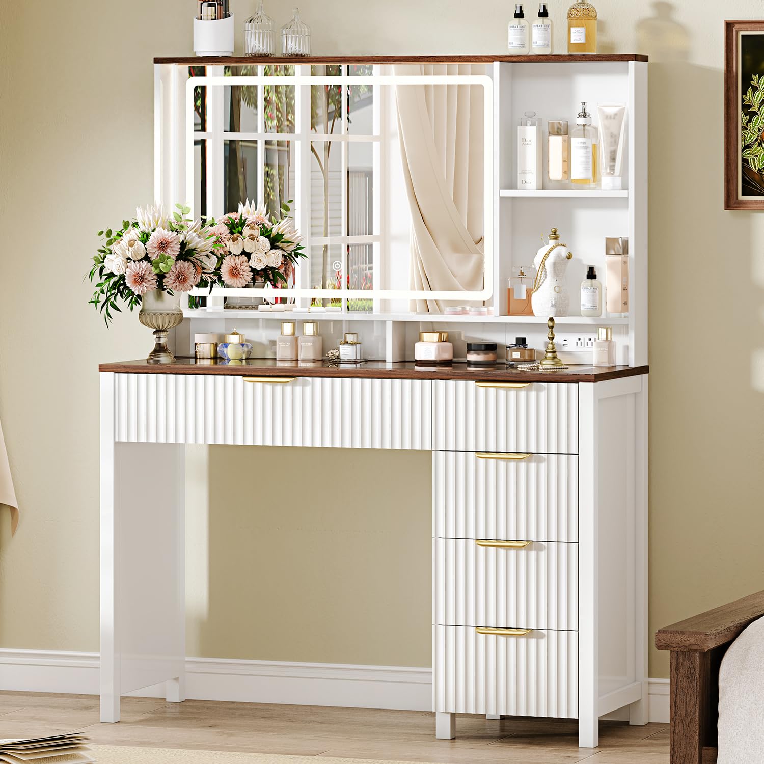 Photo 1 of Arulvmrn 43" Large Vanity Desk with 30" HD Lighted Mirror,Modern Vanity Desk with Mirror and Lights, Makeup Vanity with 5 Drawers and Storage Shelves and Charging Station, White