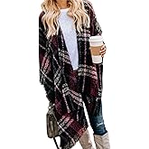 VIMPUNEC Women Boho Buffalo Plaid Poncho Pashmina Shawl Wrap Cape Sweater Knitting Cardigan with Tassel