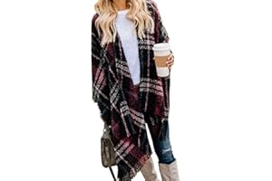 VIMPUNEC Women Boho Buffalo Plaid Poncho Pashmina Shawl Wrap Cape Sweater Knitting Cardigan with Tassel