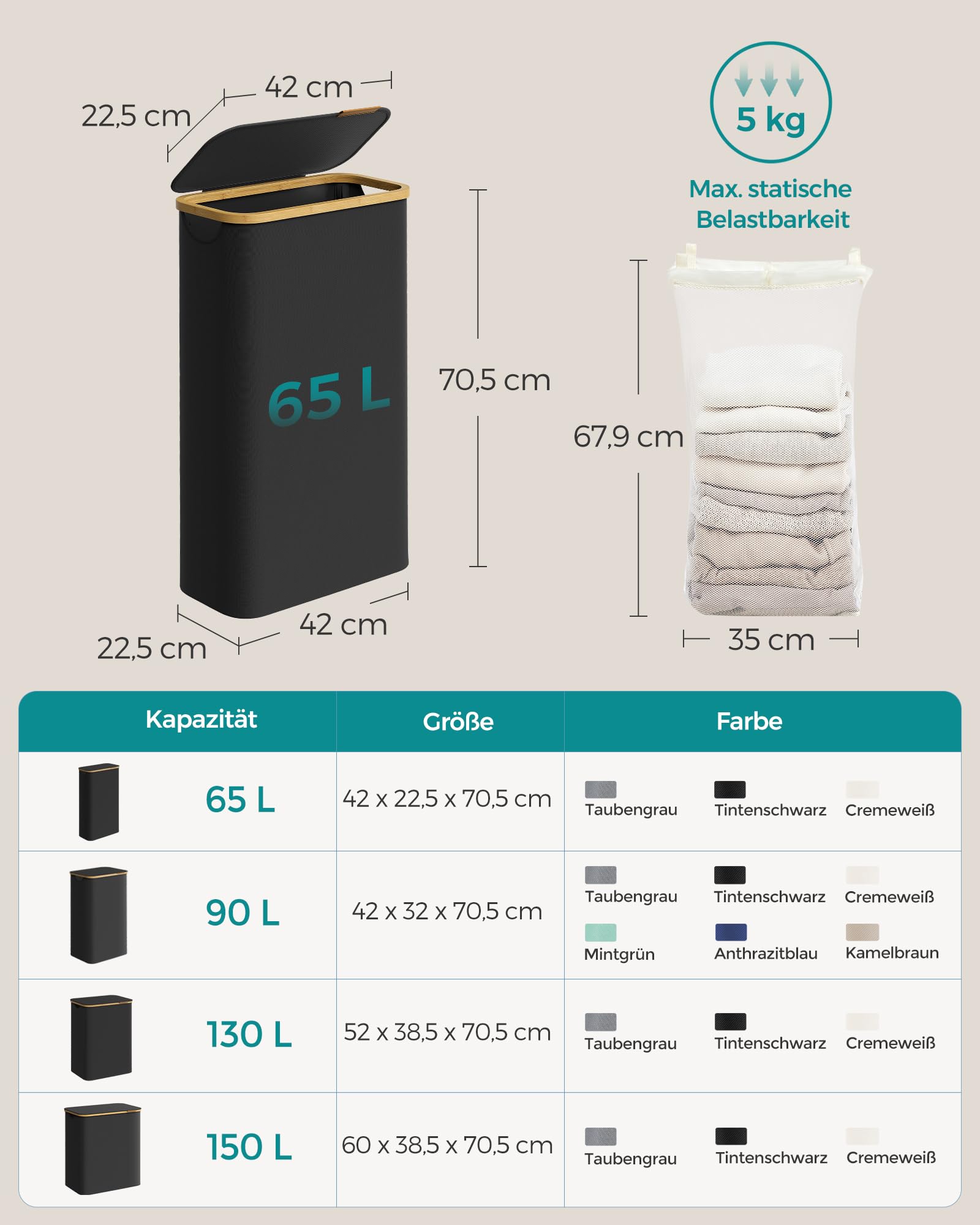 SONGMICS Wäschekorb mit Deckel, Wäschesammler 65 L, platzsparend, herausnehmbarer Wäschesack, Oxford-Gewebe, Griffe aus Bambus, zusammenklappbar, 42 x 22,5 x 70,5 cm, tintenschwarz LCB506B01 5