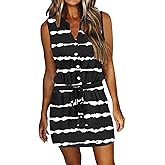 AUSELILY Womens Summer Dresses 2026 Casual V Neck Sleeveless Drawstring Button Mini Dress with Pockets