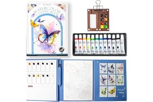 Watercolor Paint Set, 12-Color Watercolor Paper Journal with 16 Pages, 8 Grid Paint Palette Travel Kit, Brush Pen, Pocket Art