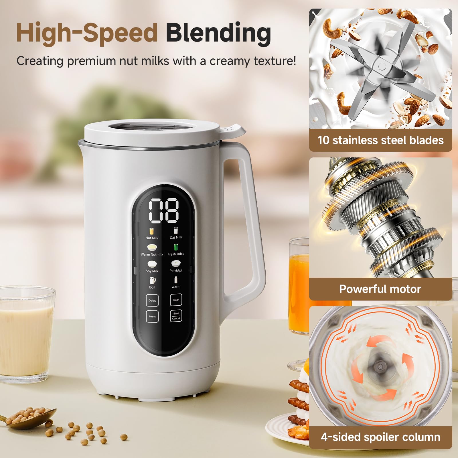 Máquina para hacer leche de nueces de 40 oz, máquina para hacer leche de nueces 10 en 1 para leche de almendras casera, leche de soja, avena y bebidas no lácteas, máquina para hacer leche de soja con 10 cuchillas, inicio retardado, mantener caliente, limpieza automática, ebullición