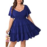 SHESTARR Womens Plus Size Casual Mini Dress Sweetheart Neckline Short Flutter Sleeve Smocked A Line Tiered Ruffle Dresses