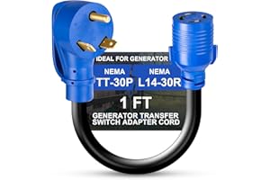 KTOEBYCO NEMA TT-30P to L14-30R Adapter Cord, 30 Amp 3 Prong to 4 Prong Generator Transfer Switch Adapter Cord, 10 AWG RV Generator Plug to House Inlet Box, ETL Listed, 12 Inch