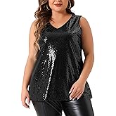 Agnes Orinda Plus Size Sequin Tank Tops for Women V Neck Sleeveless Club Glitter Shimmer Sparkle Party Vest Top