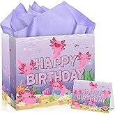 Axolotl Birthday Party Gift Bag Cartoon Purple Pink Birthday Gift Bag with Tissue Paper Card Axolotl Wrapping Paper Purple Axolotl Bday Decorations for Girls Kids Axolotl Bday Party Supplies