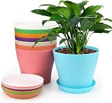 KINGLAKE 8Pcs 17cm Plastic Plant Pots with Trays Colorful Indoor Outdoor