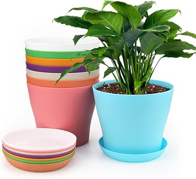 KINGLAKE 8Pcs 17cm Plastic Plant Pots with Trays Colorful Indoor Outdoor