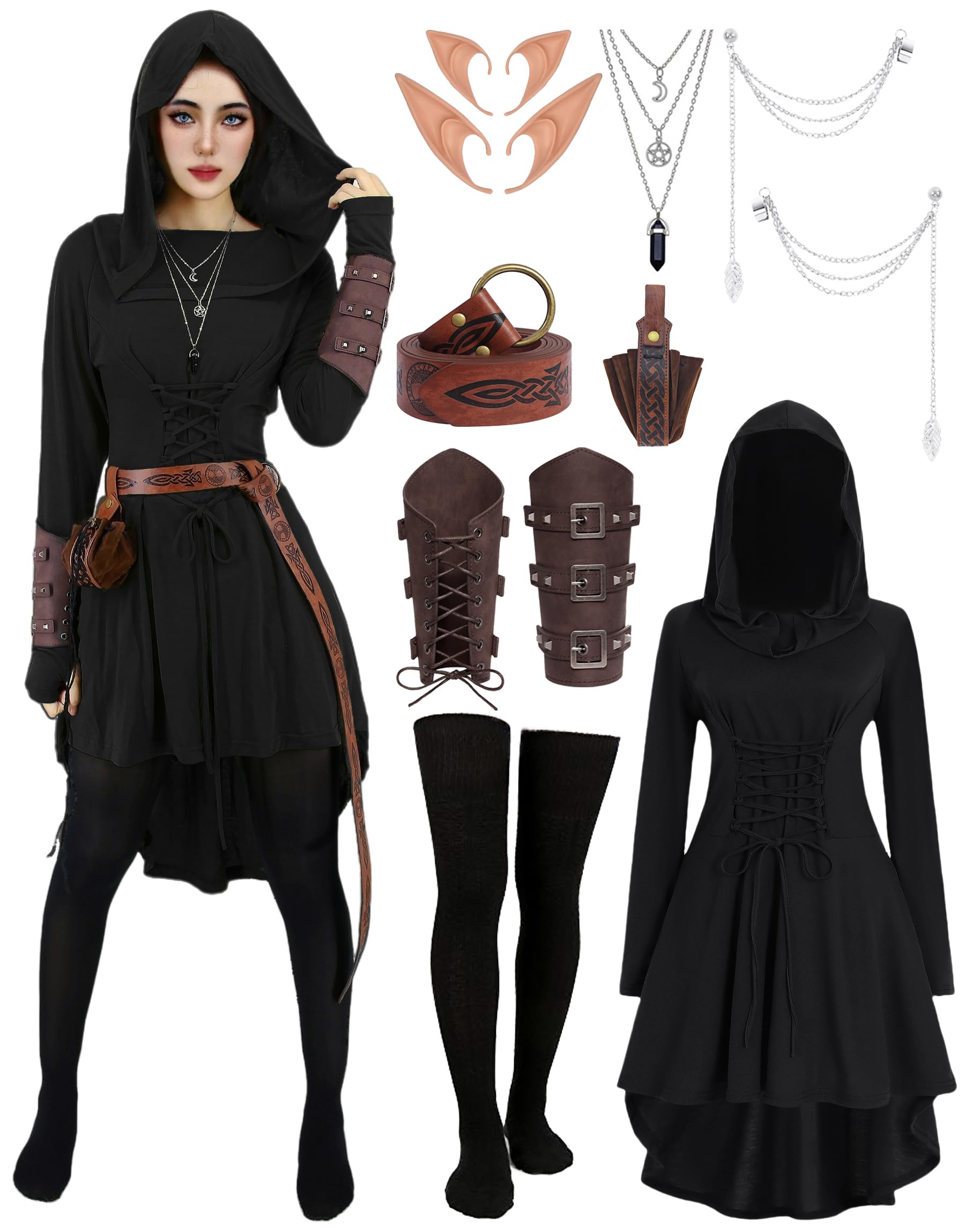 Medieval Reeve Costume 9 Pcs Women Renaissance Dress with Hood Adult Medieval Fairy Elf ...